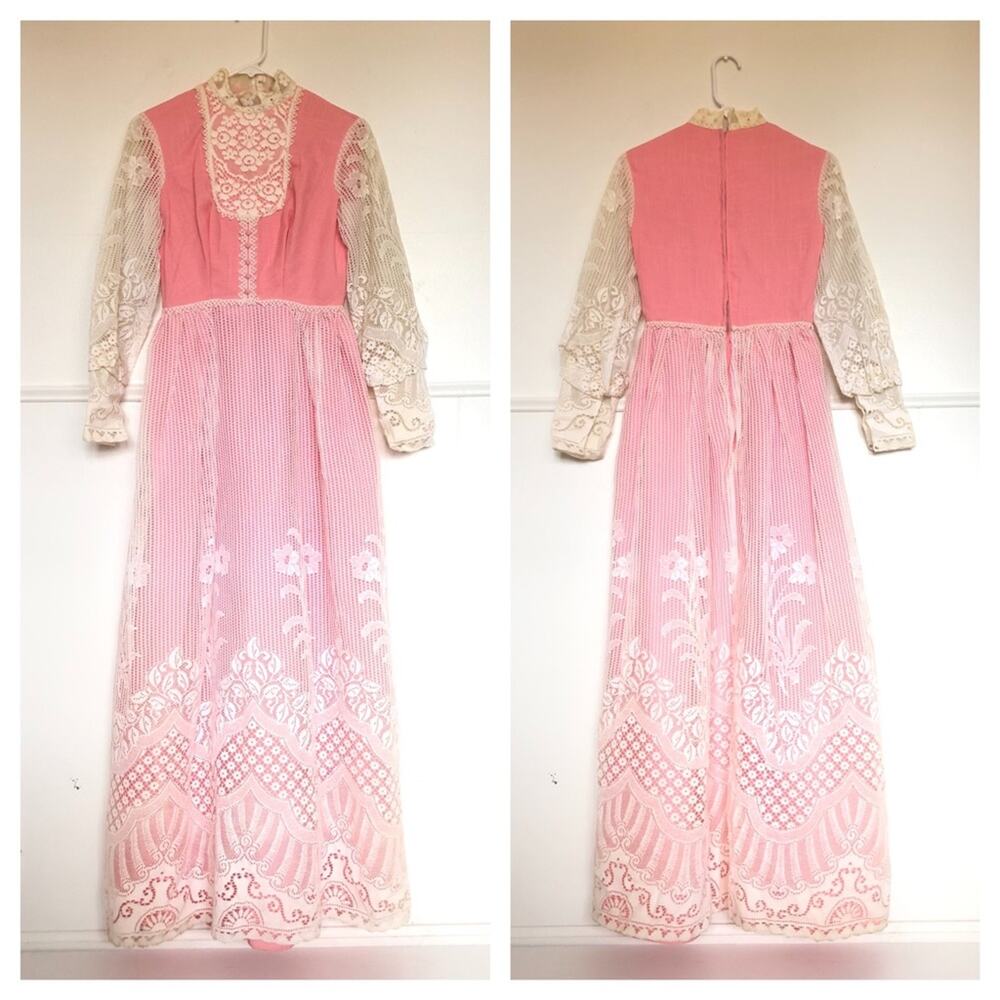 Vintage 70’s Pink Lace Peasant Maxi Dress Small Retro Hippy Prom Formal Feminine